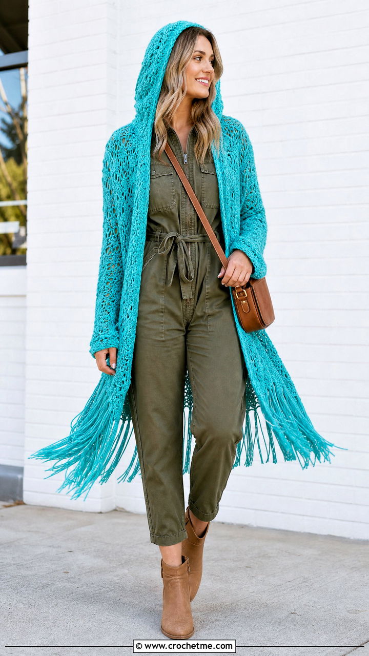 Fringed Crochet Hooded Cardigan With Utility Jumpsuit - 35 crochet hooded cardigan outfit ideas