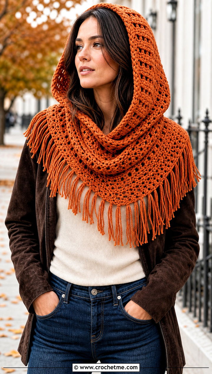 Fringed Crochet Hooded Cowl With Suede Jacket - 30 easy crochet hooded cowl outfit ideas