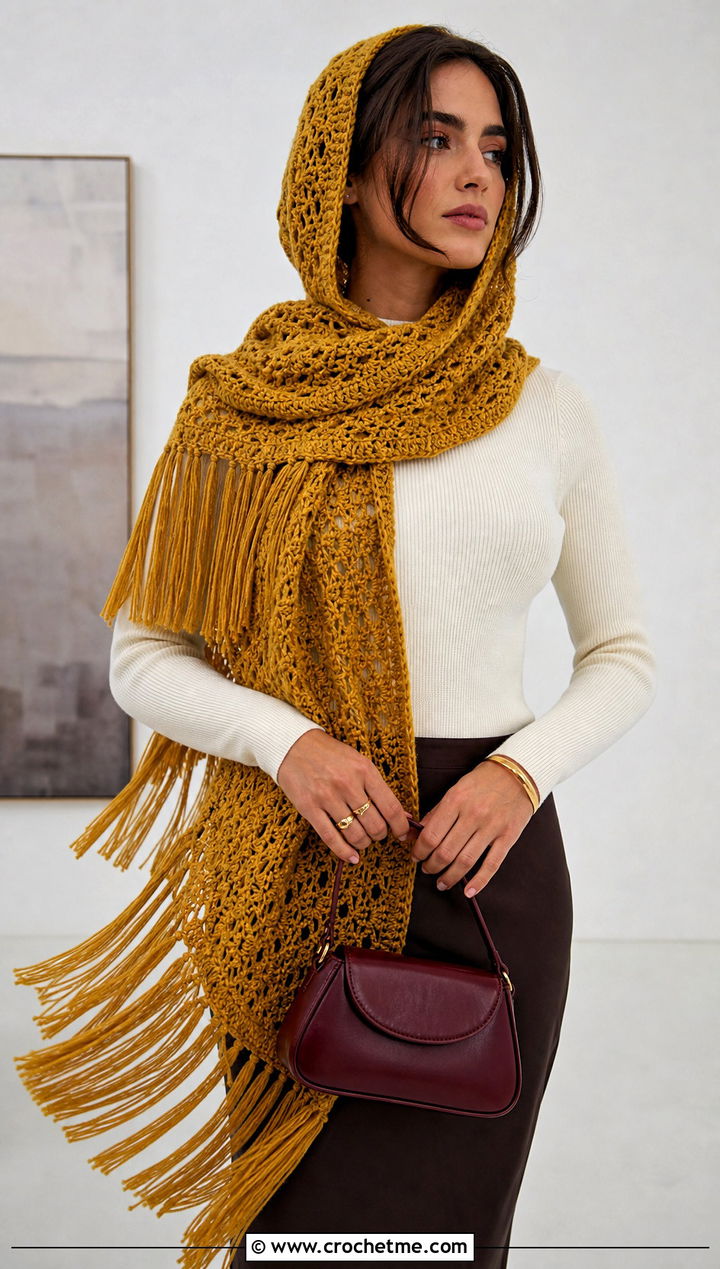 Fringed Crochet Hooded Scarf With Minimalist Outfit - 30 crochet scarf with hood outfit ideas