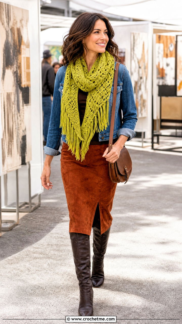 Fringed Crochet Infinity Scarf With Suede Skirt - 35 crochet infinity scarf outfit ideas