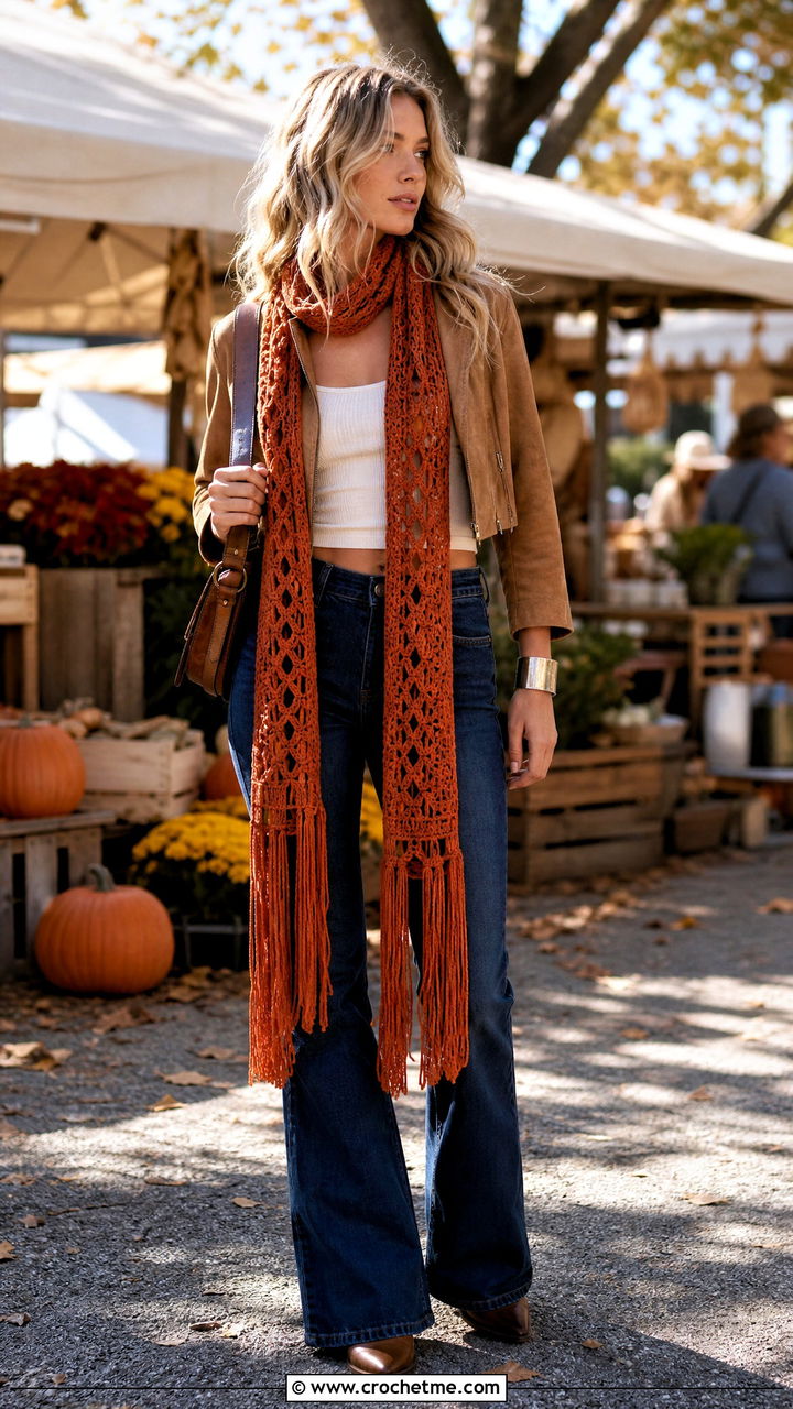 Fringed Crochet Lace Scarf With Suede Jacket And Flare Jeans - 35 crochet lace scarf outfit ideas