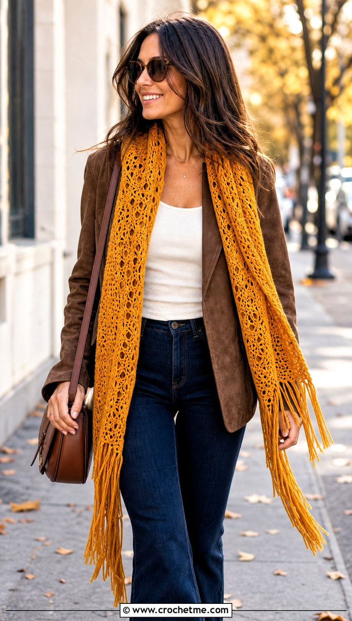 Fringed Crochet Lace Scarf With Suede Jacket And Flared Jeans - 30 easy crochet lace scarf outfit ideas