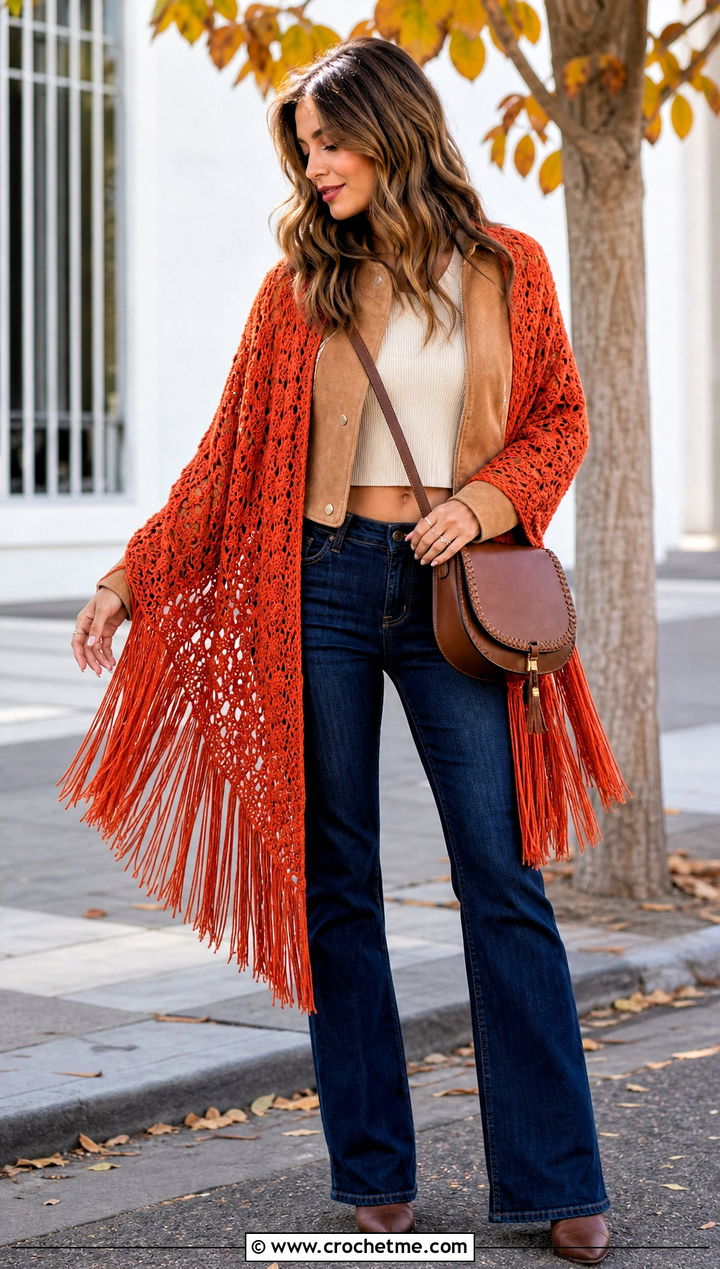 Fringed Crochet Lace Shawl With A Suede Jacket - 30 easy crochet lace shawl outfit ideas