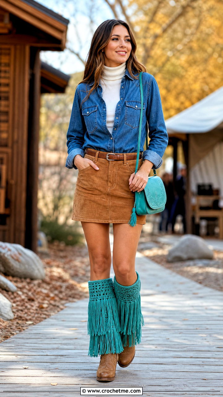 Fringed Crochet Leg Warmers With Suede Mini Skirt - 35 crochet leg warmers outfit ideas