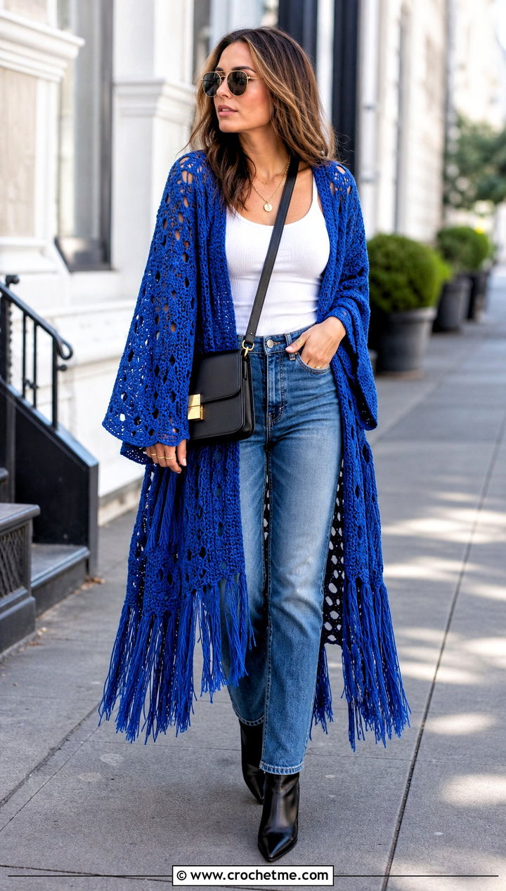 Fringed Crochet Long Poncho With Straight Leg Jeans - 15 Crochet Long Poncho outfit ideas