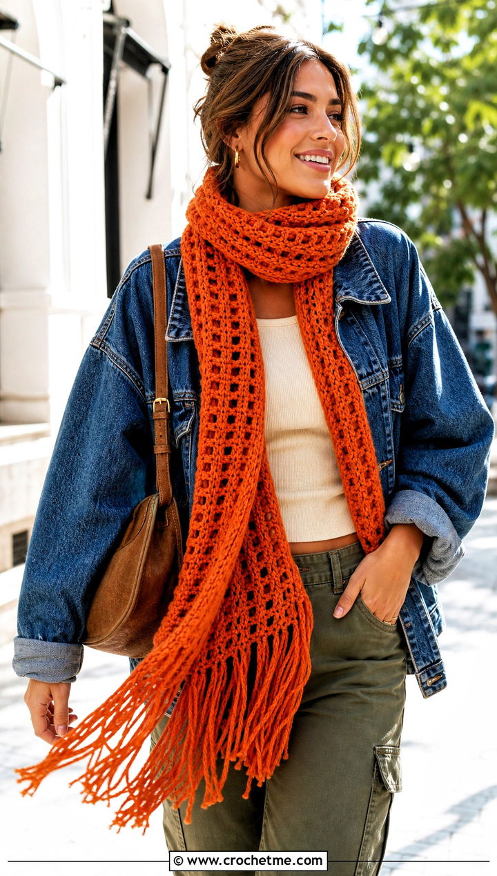 Fringed Crochet Long Scarf With Denim Jacket And Cargo Pants - 25 Crochet Long Scarf outfit ideas