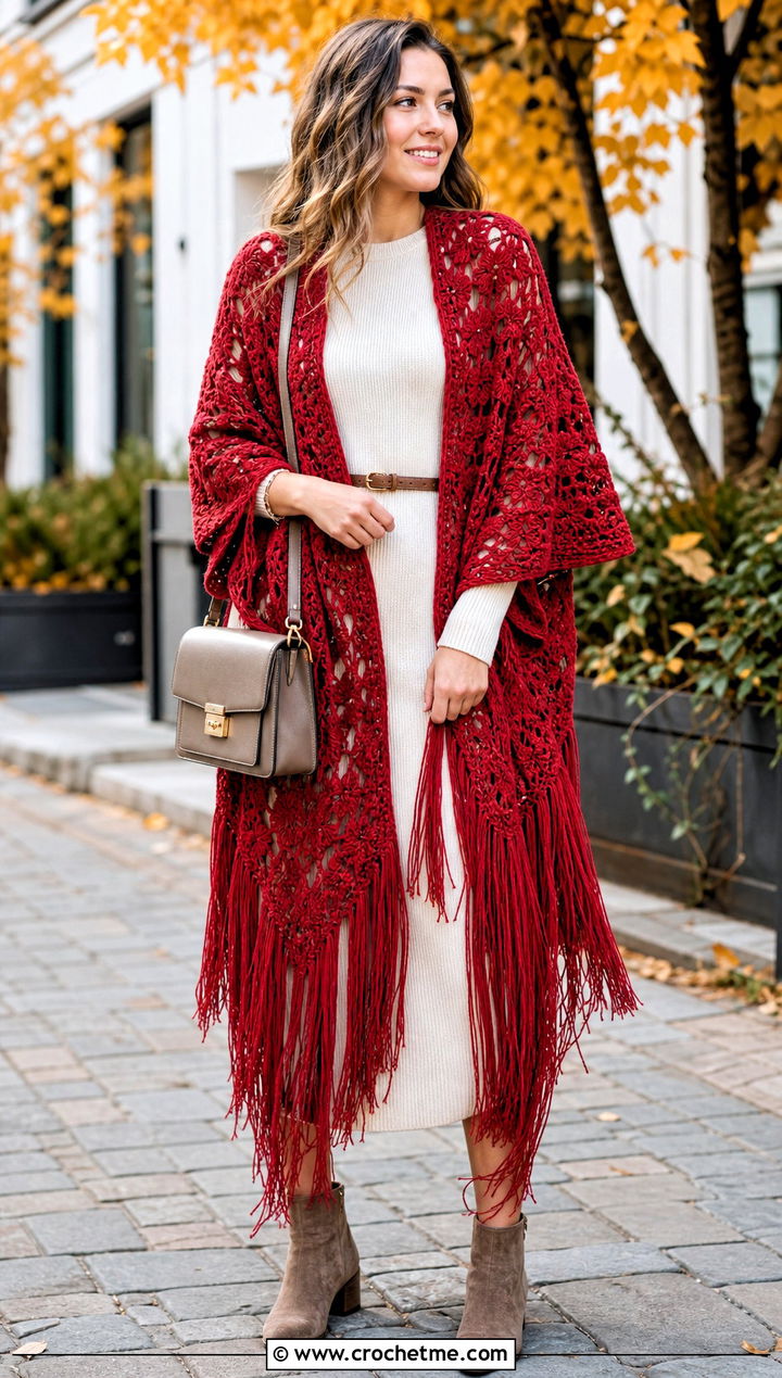 Fringed Crochet Long Shawl With Sweater Dress - 20 Crochet Long Shawl outfit ideas