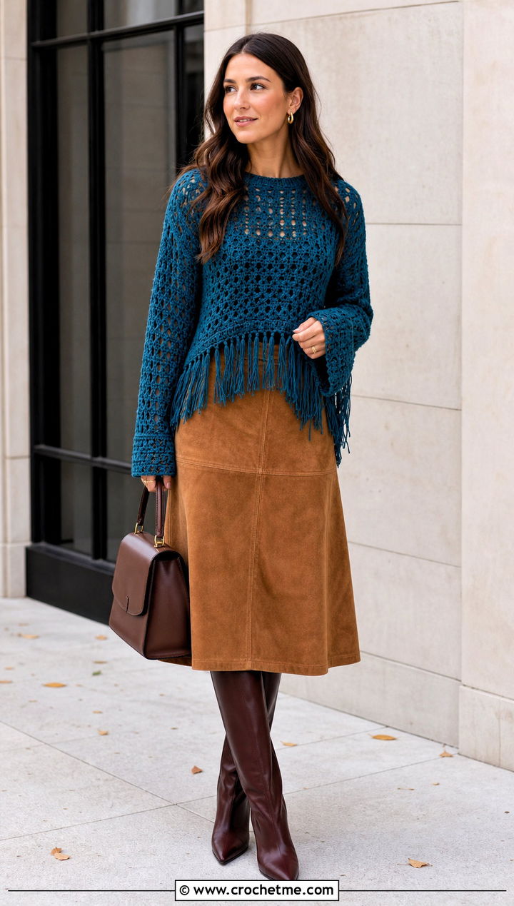 Fringed Crochet Long Sleeve Top With Suede Midi Skirt - 35 crochet long sleeve tops outfit ideas