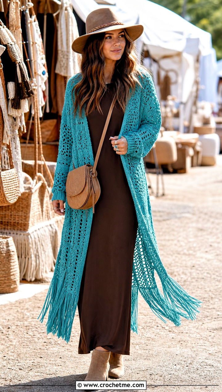 Fringed Crochet Long Sweater With Maxi Dress - 35 crochet long sweater outfit ideas