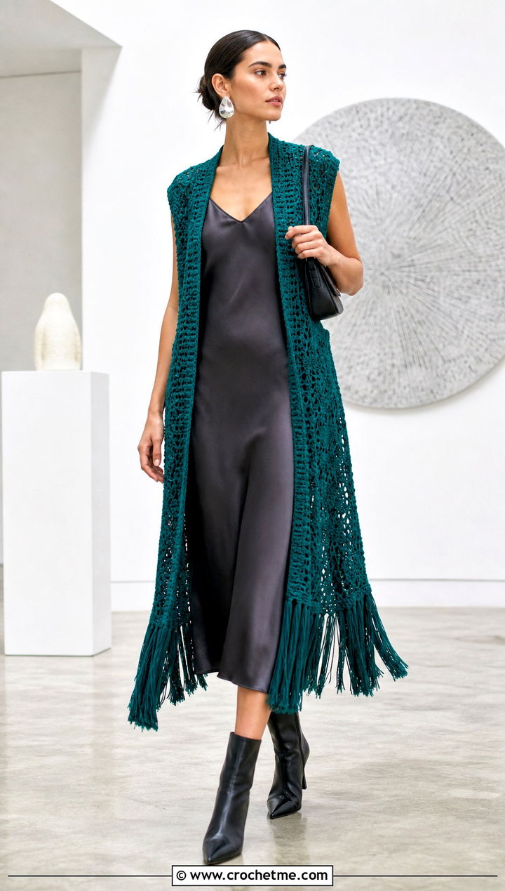 Fringed Crochet Long Vest With A Slip Dress - 25 Easy Crochet Long Vest outfit ideas