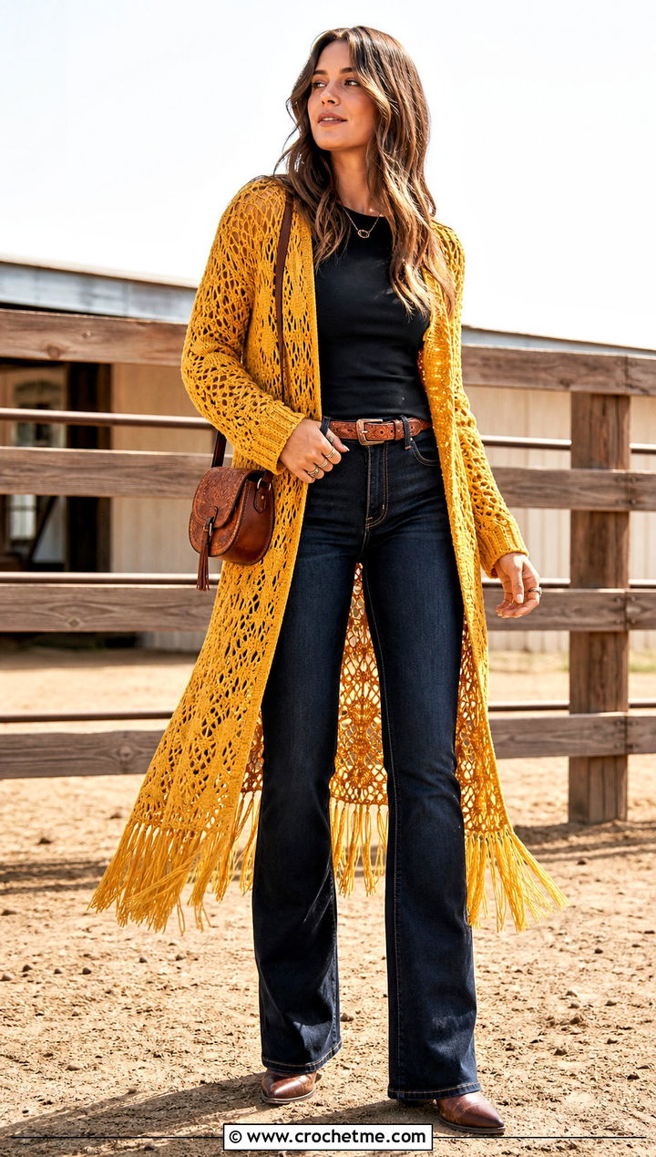 Fringed Crochet Longline Cardigan With Western Denim - 20 Crochet Longline Cardigan outfit ideas