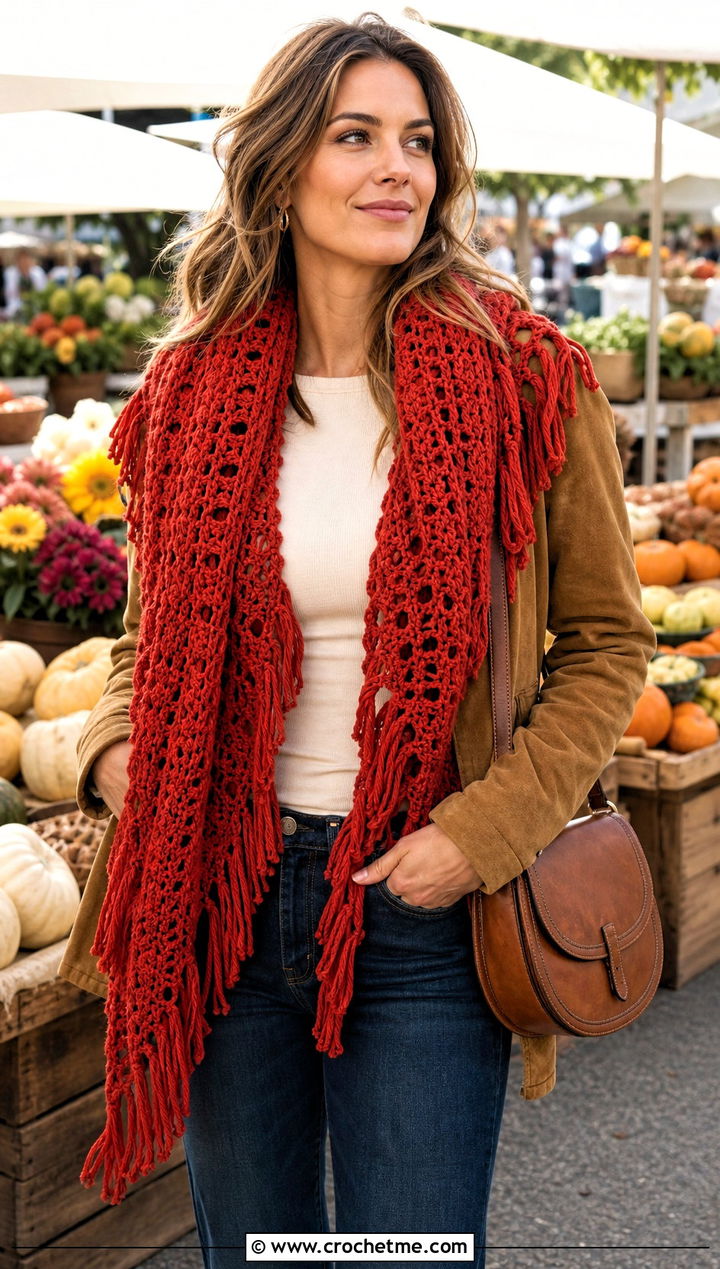 Fringed Crochet Mantle Scarf With Suede Jacket And Flared Jeans - 20 Crochet Mantle Scarf outfit ideas