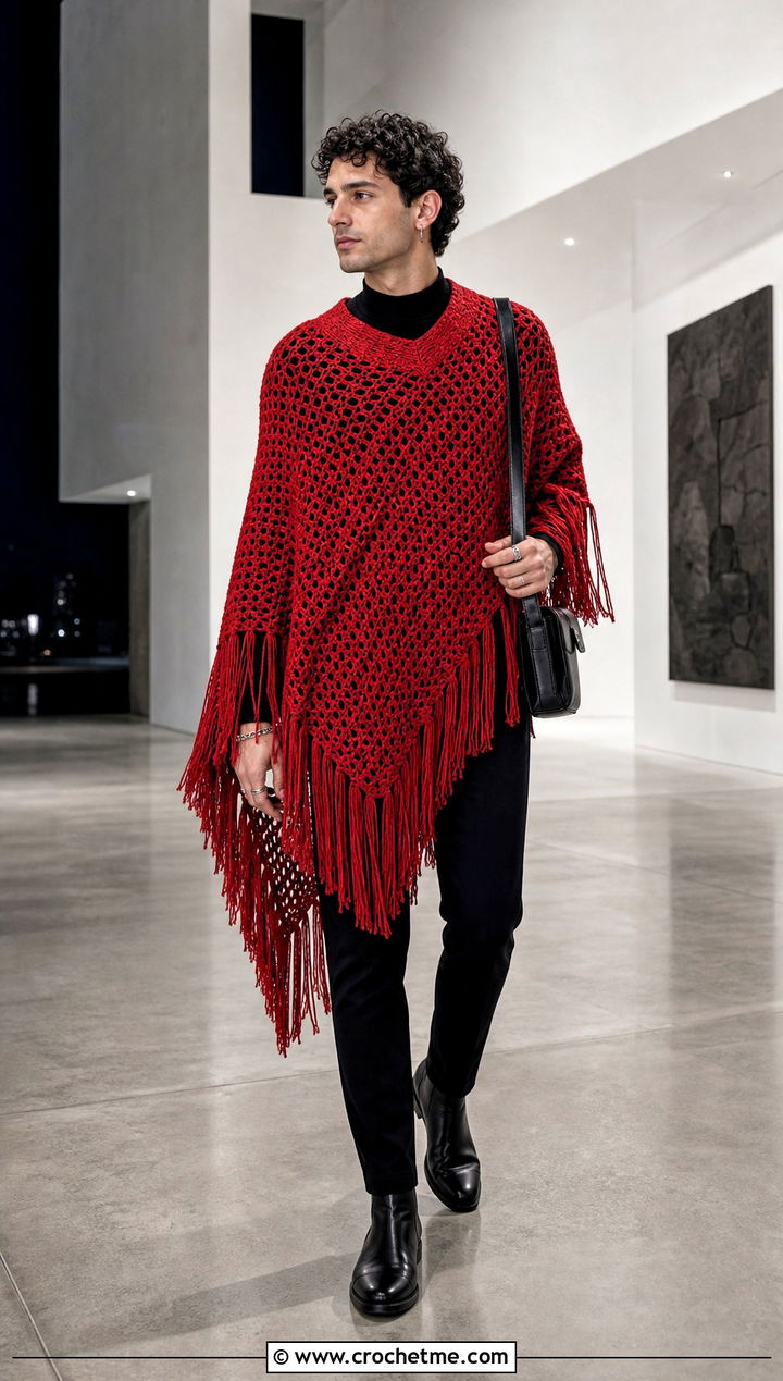 Fringed Crochet Mens Poncho With Black Denim - 25 crochet men's poncho outfit ideas