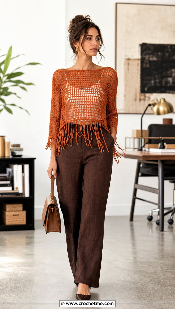 Fringed Crochet Mesh Top With Straight Leg Pants - 30 crochet summer mesh top outfit ideas