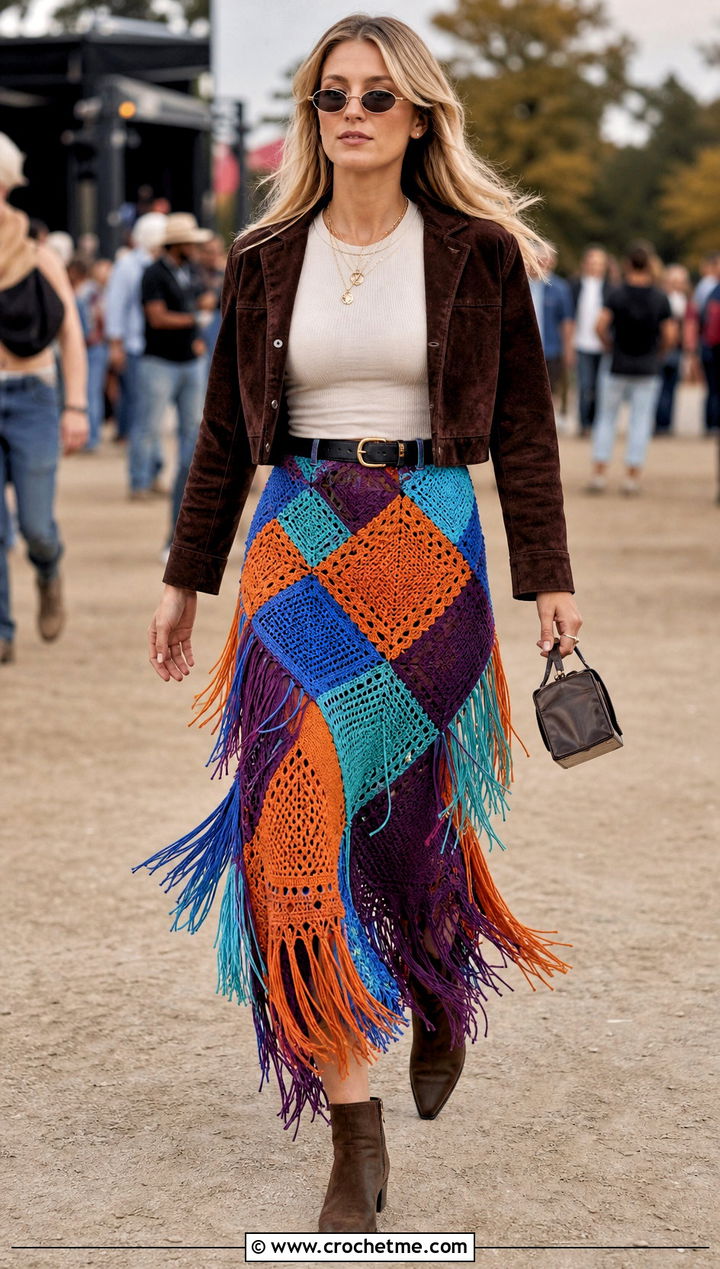 Fringed Crochet Patchwork Maxi Skirt With Suede Jacket - 30 crochet patchwork skirt outfit ideas