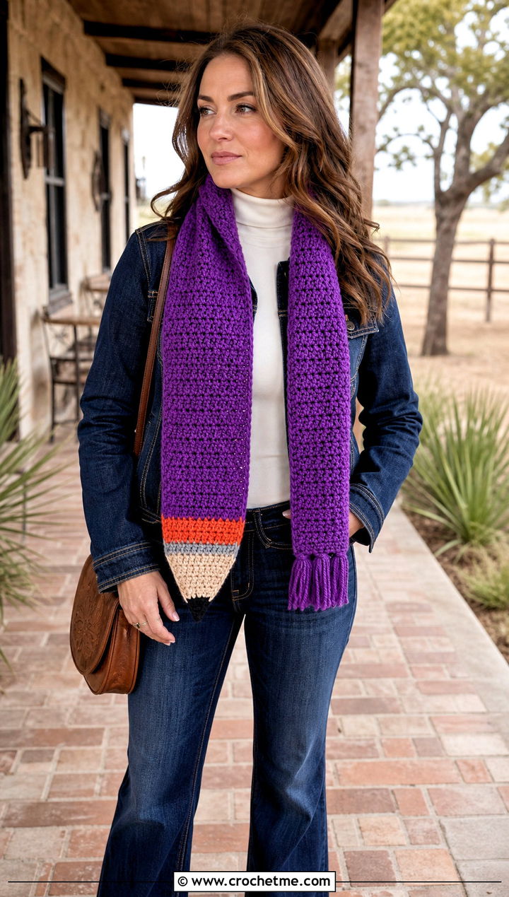 Fringed Crochet Pencil Scarf With Western Denim - 25 Crochet Pencil Scarf outfit ideas