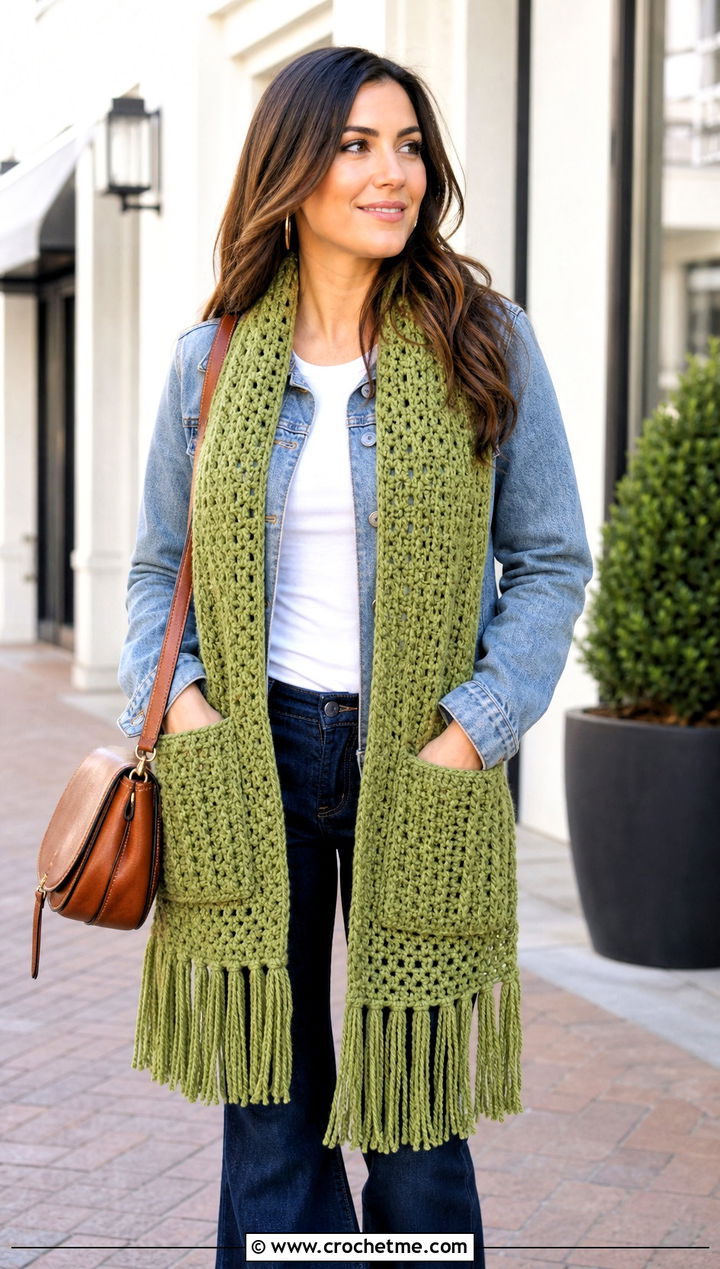 Fringed Crochet Pocket Scarf With Denim Jacket - 25 Crochet Pocket Scarf Shawl outfit ideas