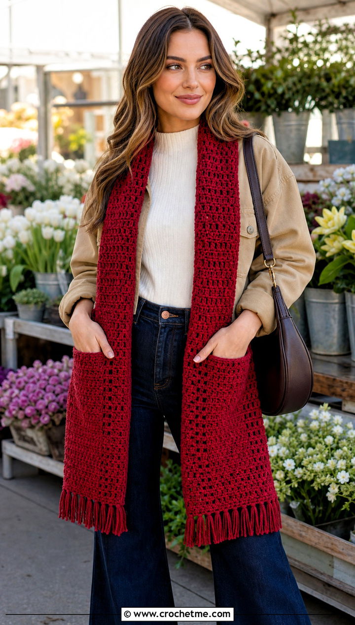 Fringed Crochet Pocket Scarf With Flared Jeans - 15 Crochet Scarf With Hand Pockets outfit ideas