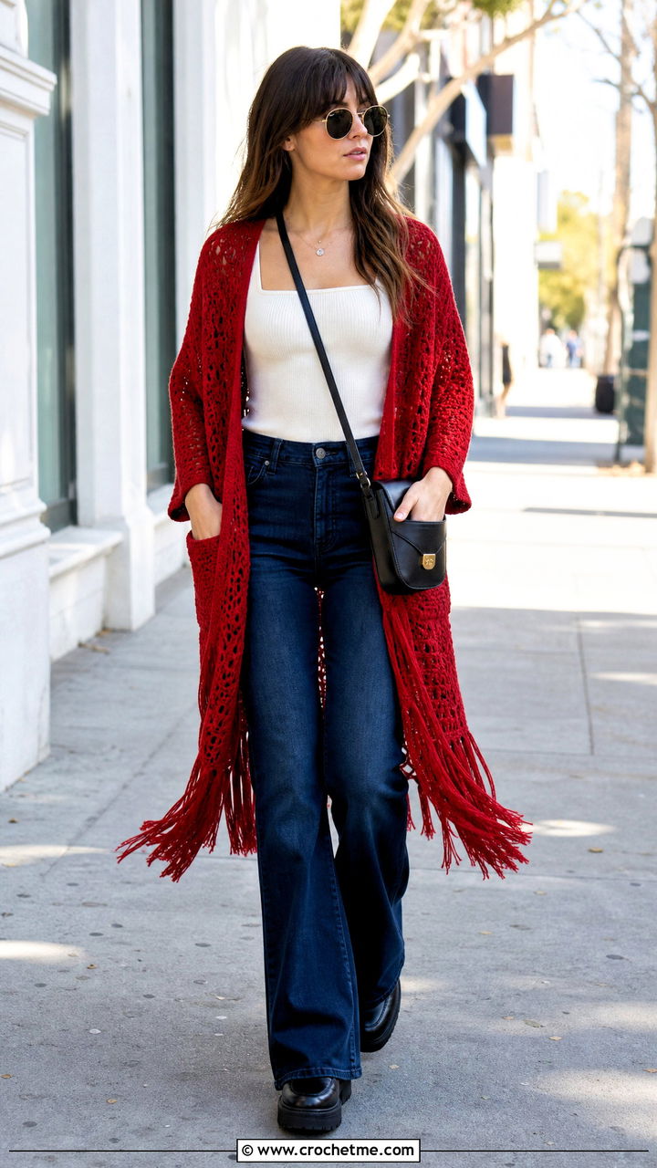 Fringed Crochet Pocket Shawl With Flared Jeans - 35 crochet pocket shawl outfit ideas