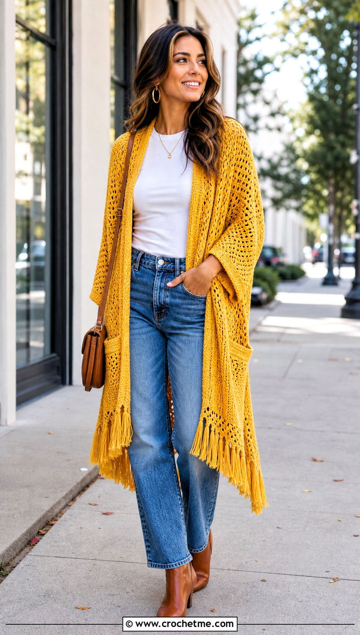 Fringed Crochet Pocket Shawl With Straight Leg Jeans - 35 crochet wrap with pockets outfit ideas