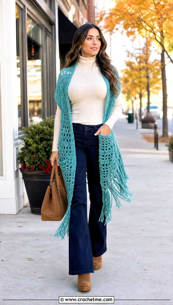 Fringed Crochet Pocket Wrap With Flared Jeans - 25 Crochet Pocket Wrap outfit ideas