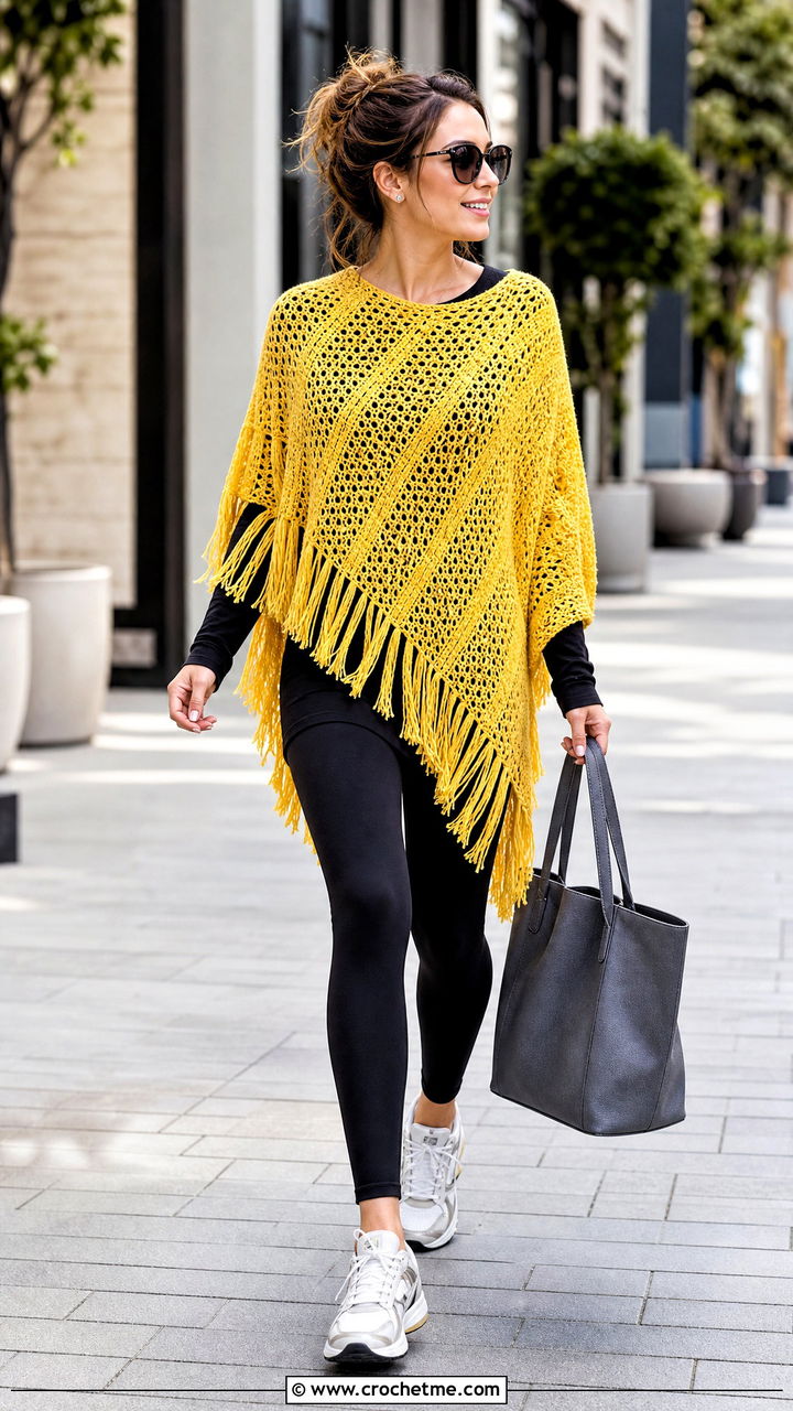 Fringed Crochet Poncho With Black Leggings - 35 easy crochet poncho outfit ideas
