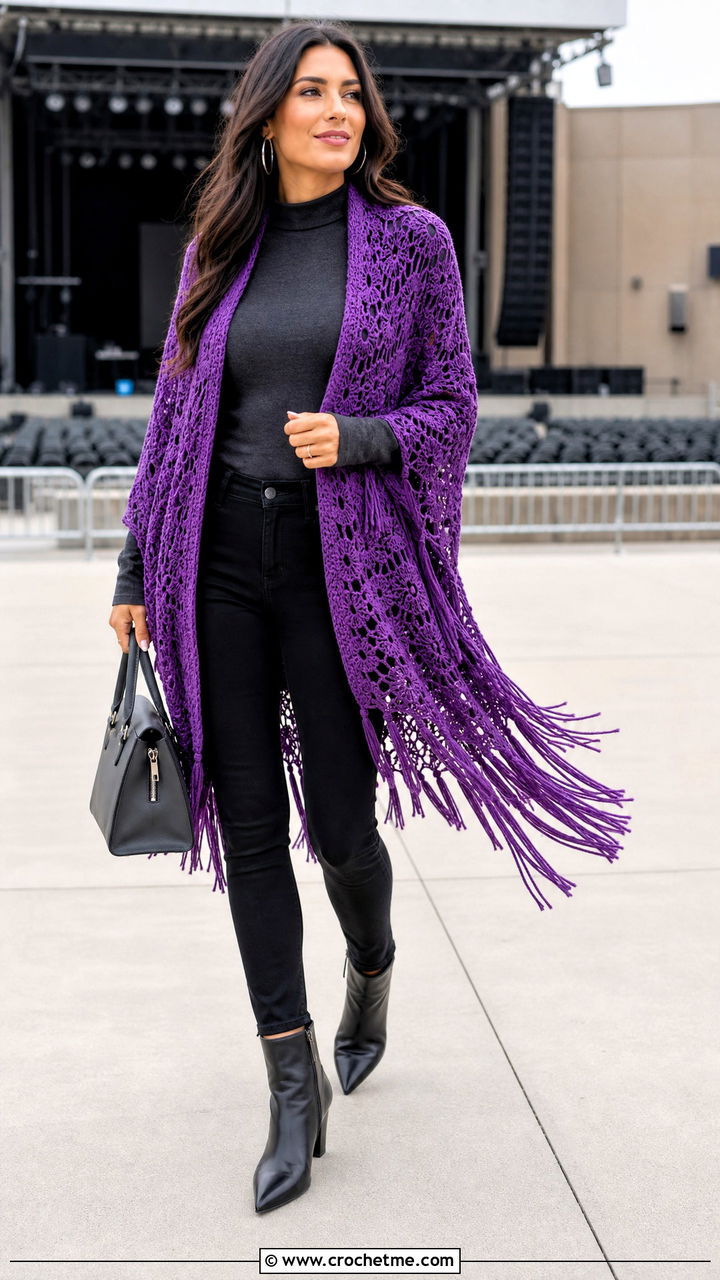 Fringed Crochet Poncho With Black Skinny Jeans - 35 easy crochet poncho woman outfit ideas