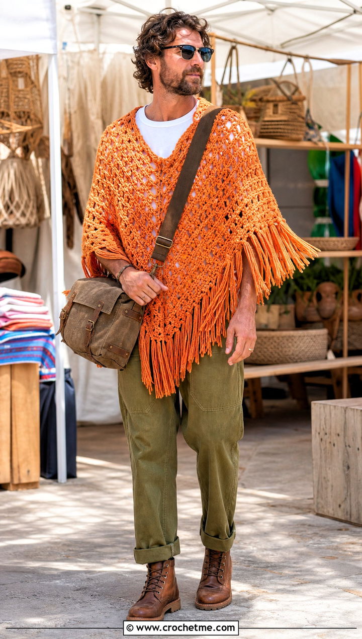 Fringed Crochet Poncho With Chore Pants - 25 mens crochet poncho outfit ideas