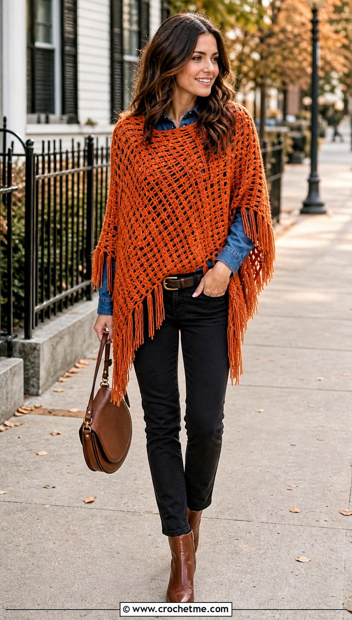 Fringed Crochet Poncho With Denim Shirt And Black Jeans - 15 Crochet Shawls And Ponchos outfit ideas