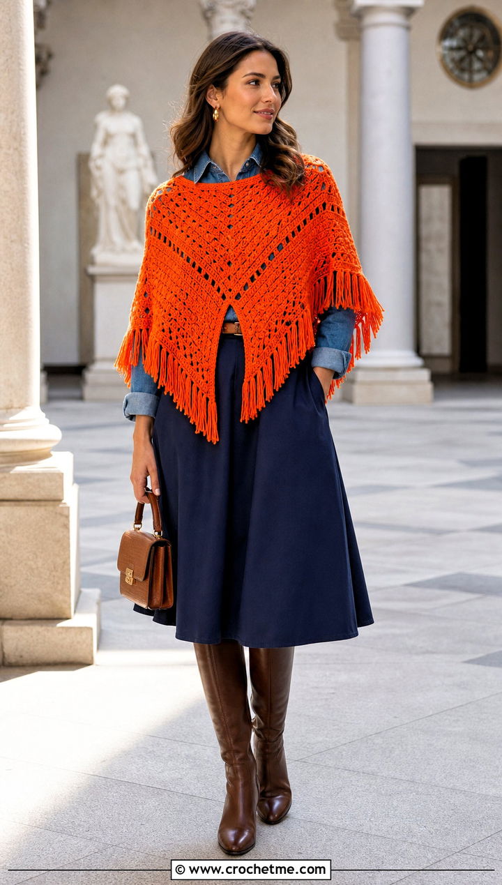 Fringed Crochet Poncho With Denim Shirt And Midi Skirt - 15 diy crochet poncho outfit ideas