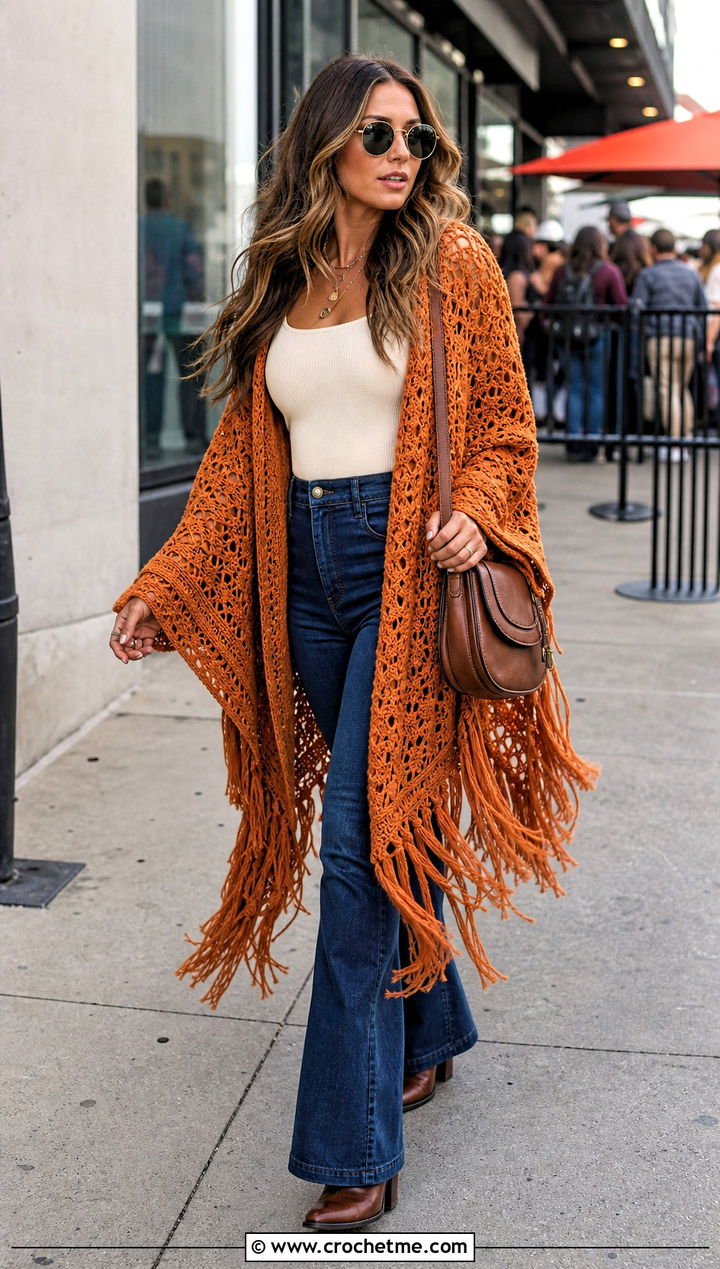 Fringed Crochet Poncho With Flare Jeans - 30 woman winter crochet poncho outfit ideas