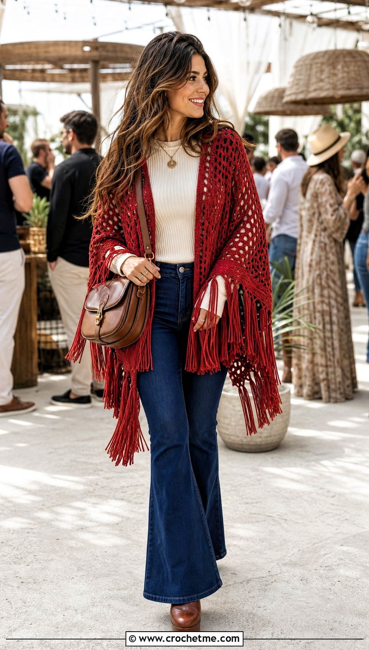 Fringed Crochet Poncho With Flared Jeans - 25 Easy Simple Crochet Poncho outfit ideas