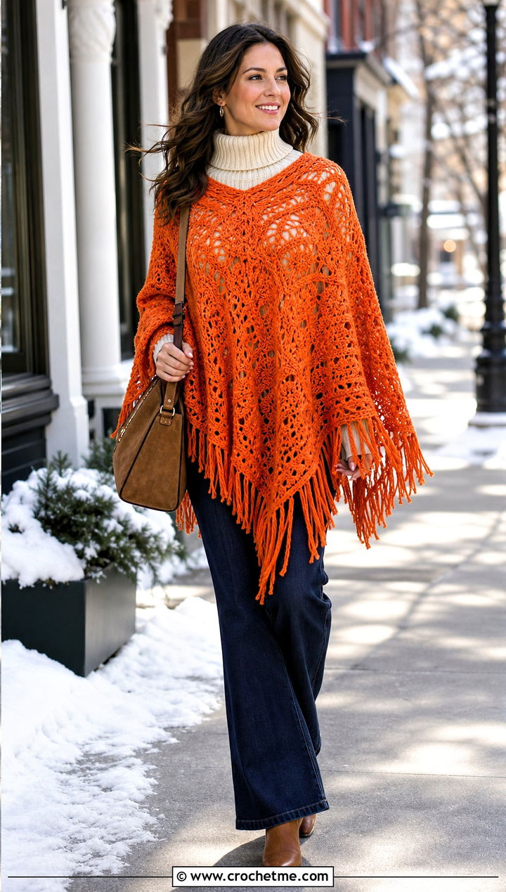 Fringed Crochet Poncho With Flared Jeans - 15 Winter Crochet Poncho outfit ideas