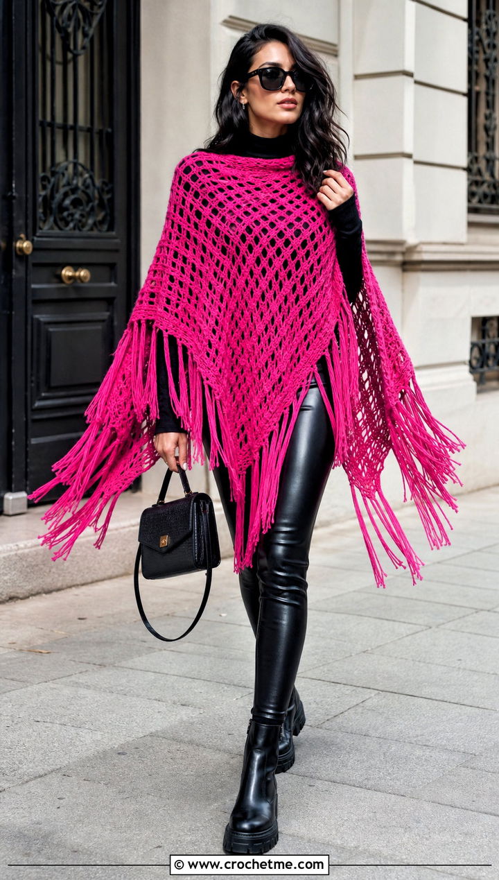 Fringed Crochet Poncho With Leather Leggings - 20 Easy Crochet Poncho For Beginners outfit ideas