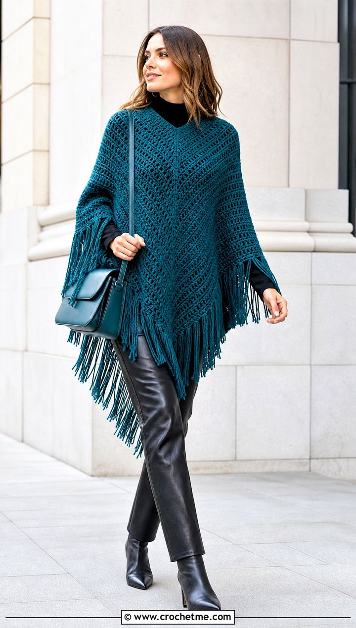 Fringed Crochet Poncho With Leather Pants - 15 Crochet For Ponchos For Women outfit ideas