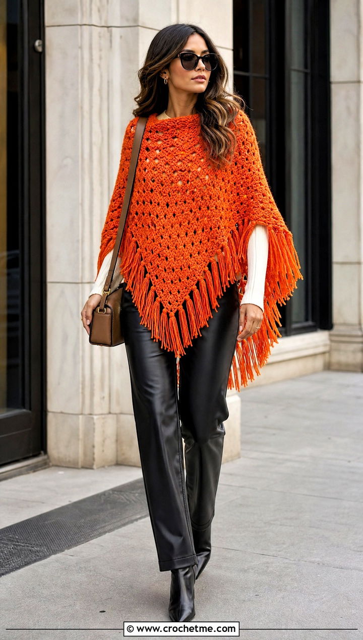Fringed Crochet Poncho With Leather Pants - 15 Easy Crochet Ponchos outfit ideas