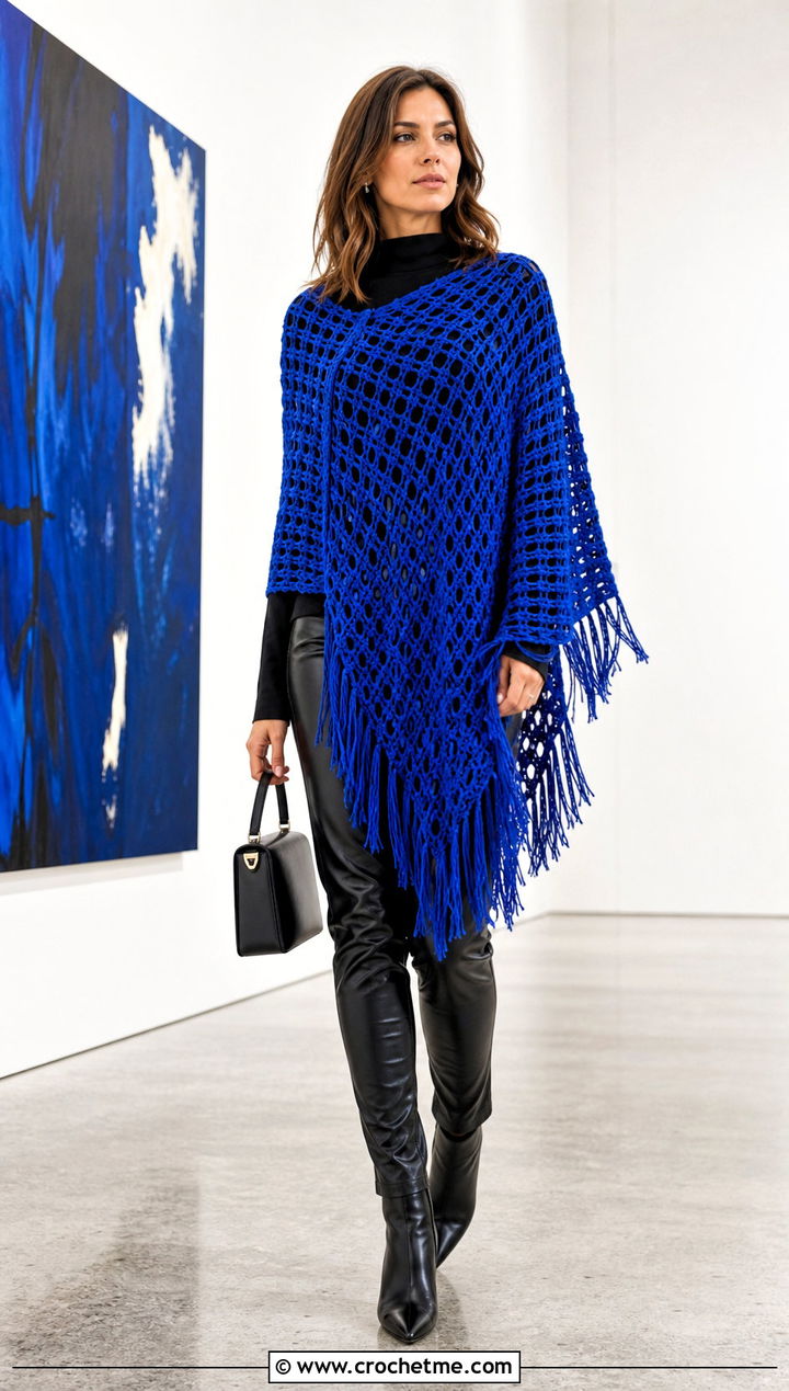 Fringed Crochet Poncho With Leather Pants - 25 ladies crochet poncho outfit ideas