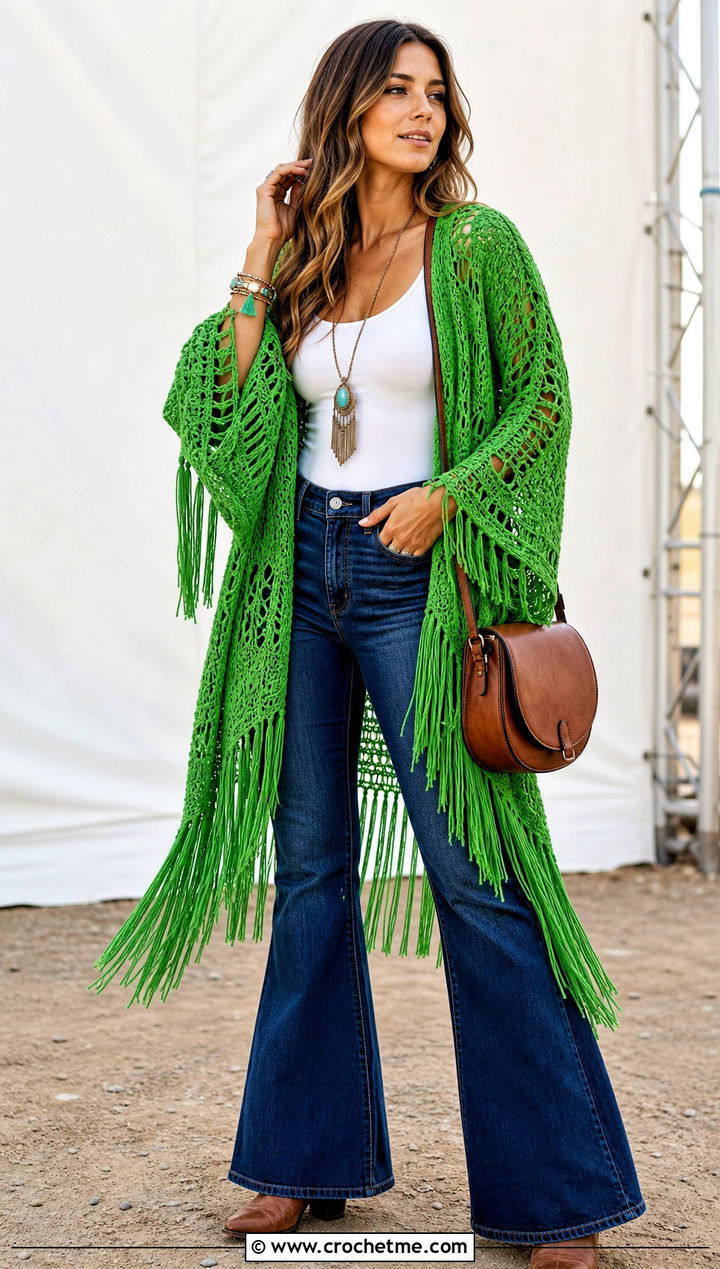 Fringed Crochet Poncho With Sleeves And Flared Jeans - 30 crochet poncho with sleeves outfit ideas