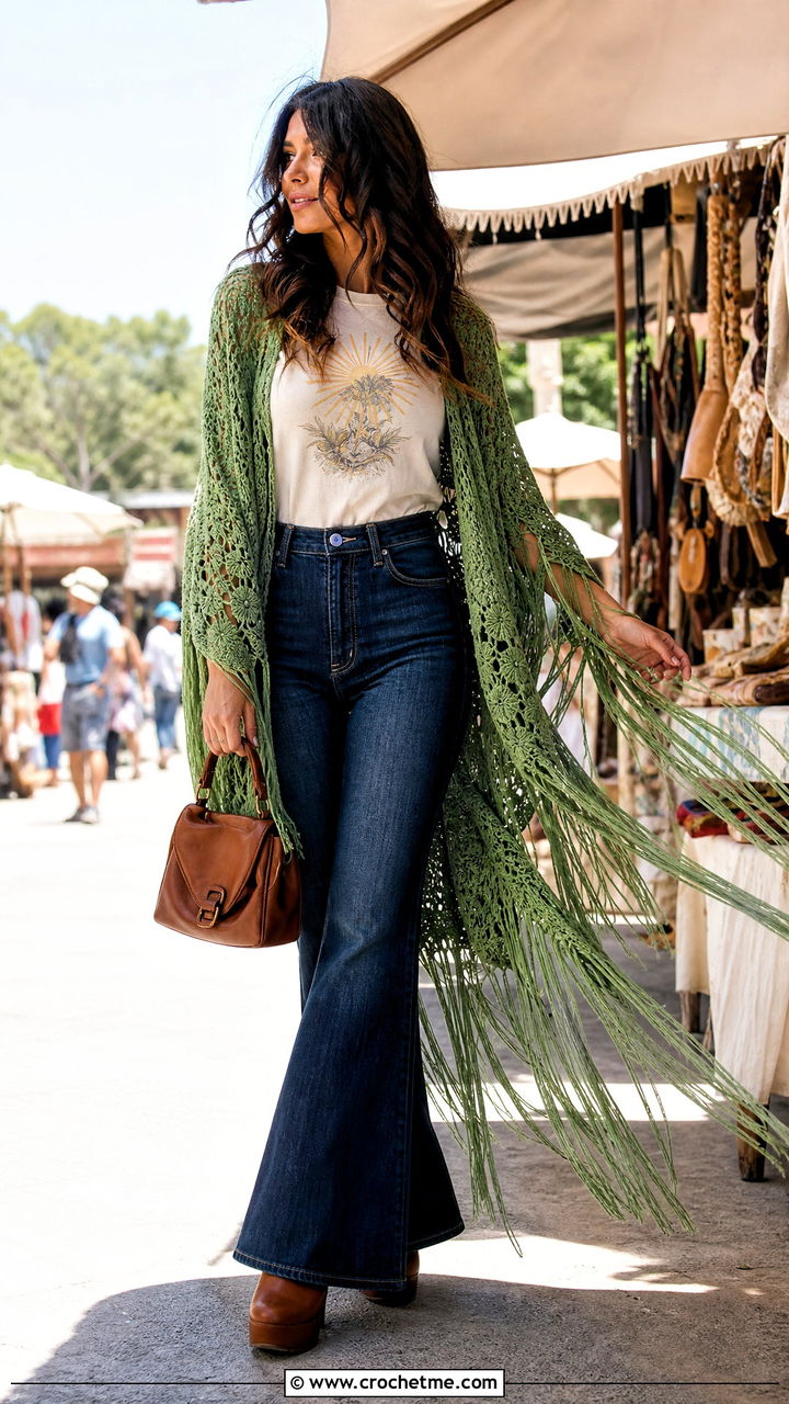 Fringed Crochet Prayer Shawl With Graphic Tee And Flared Jeans - 35 easy crochet prayer shawls outfit ideas
