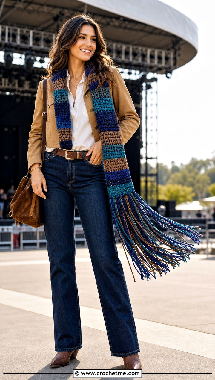 Fringed Crochet Ravenclaw Scarf With Western Boots - 35 crochet ravenclaw scarf outfit ideas