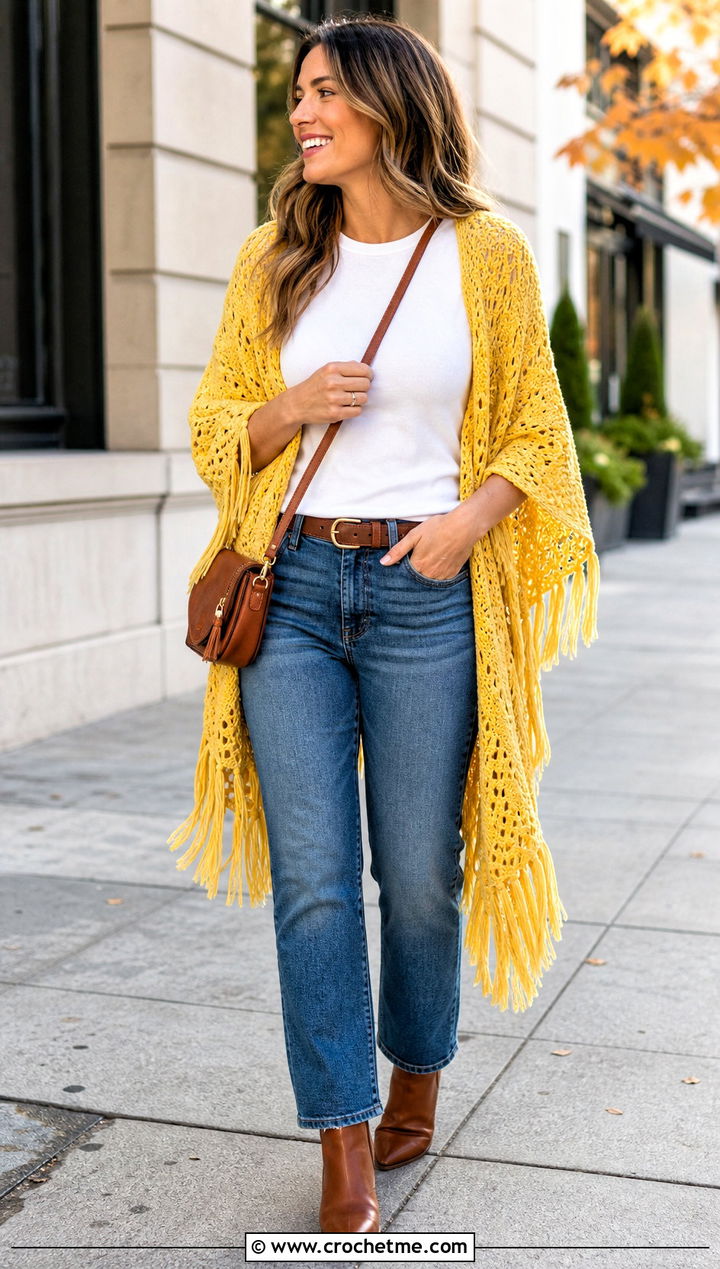 Fringed Crochet Rectangle Shawl With Straight Leg Jeans - 35 Crochet Rectangle Shawl outfit ideas