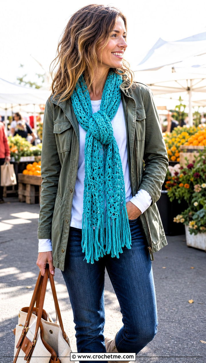 Fringed Crochet Ribbon Scarf With Utility Jacket - 15 Crochet Ribbon Scarf outfit ideas