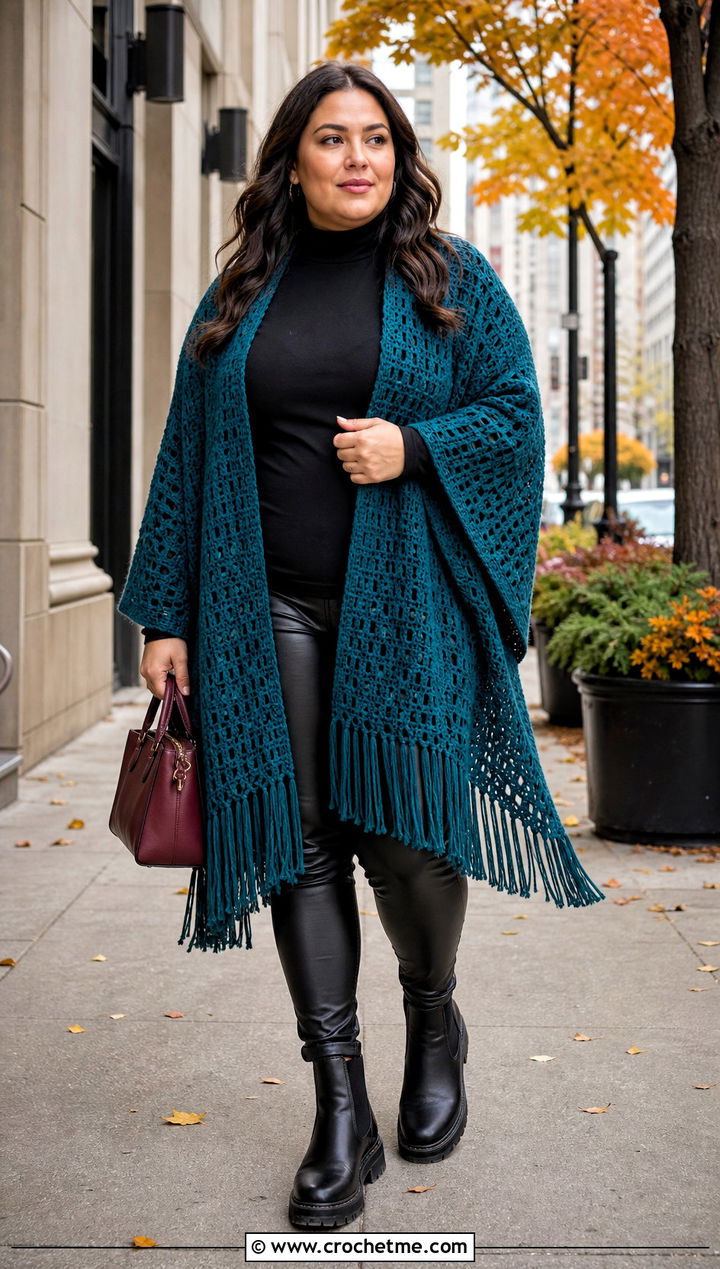 Fringed Crochet Ruana With Turtleneck And Leather Leggings - 15 easy crochet ruana outfit ideas