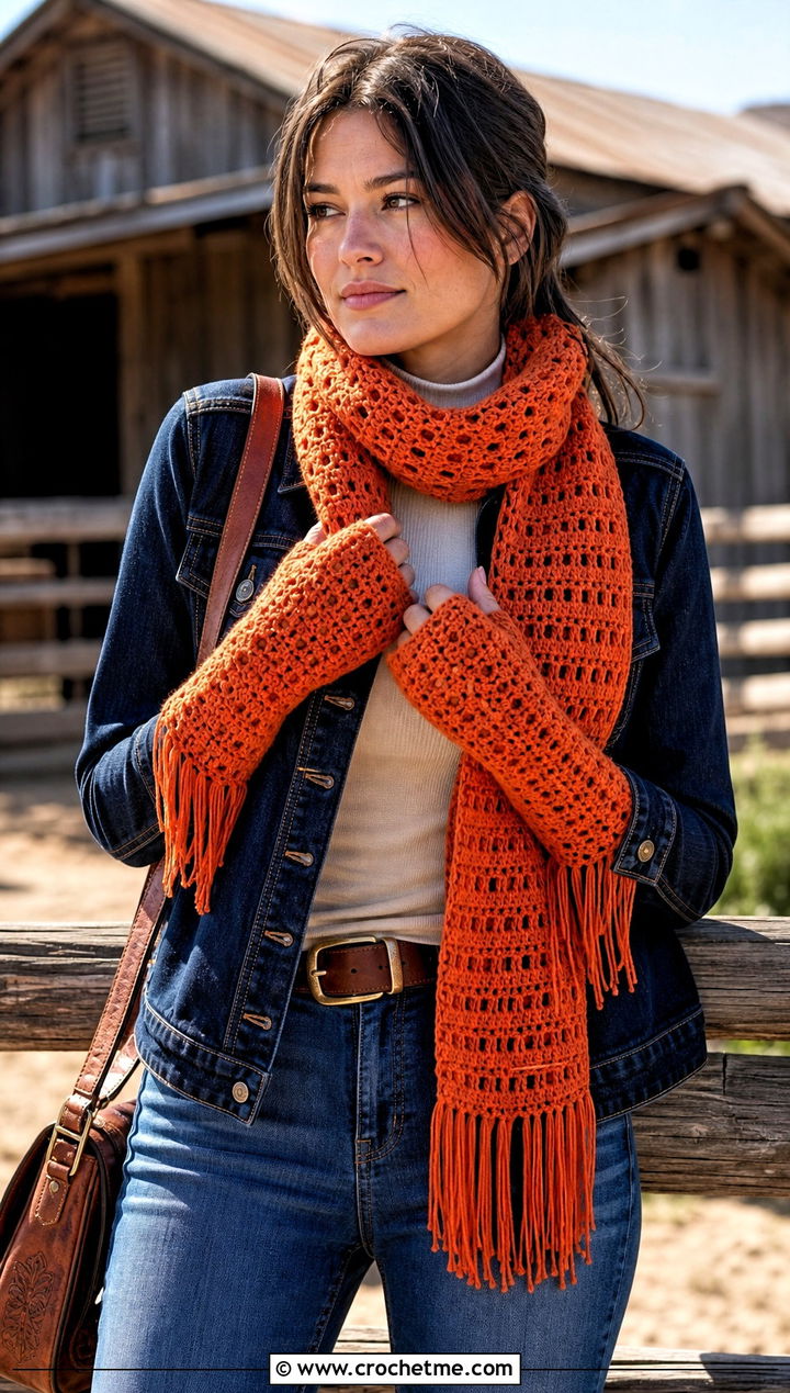 Fringed Crochet Scarf And Gauntlet Mittens With Western Jacket - 15 Crochet Scarf And Mittens Set outfit ideas