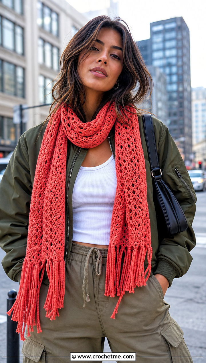 Fringed Crochet Scarf With Bomber Jacket - 25 Beautiful Crochet Scarf outfit ideas