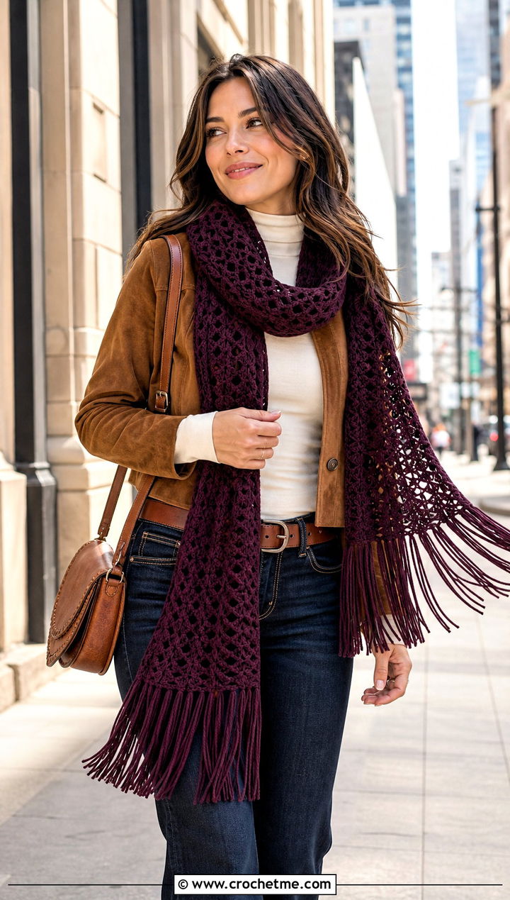 Fringed Crochet Scarf With Bootcut Jeans - 25 denim and crochet scarf outfit ideas