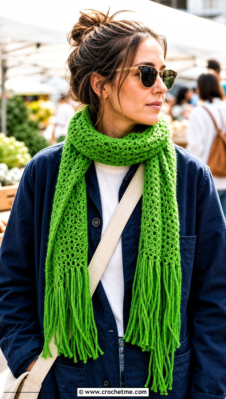 Fringed Crochet Scarf With Chore Jacket And Cargo Pants - 35 fun crochet scarf outfit ideas