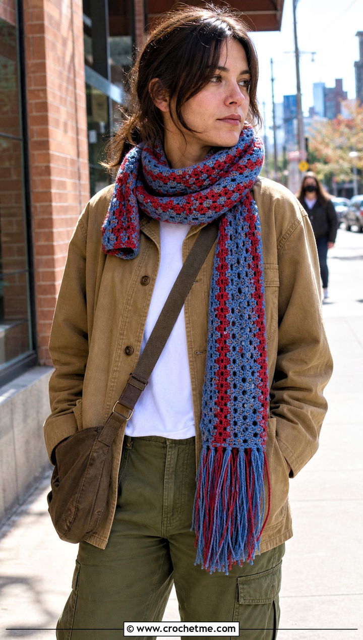 Fringed Crochet Scarf With Chore Jacket And Cargo Pants - 30 2 color crochet scarf outfit ideas