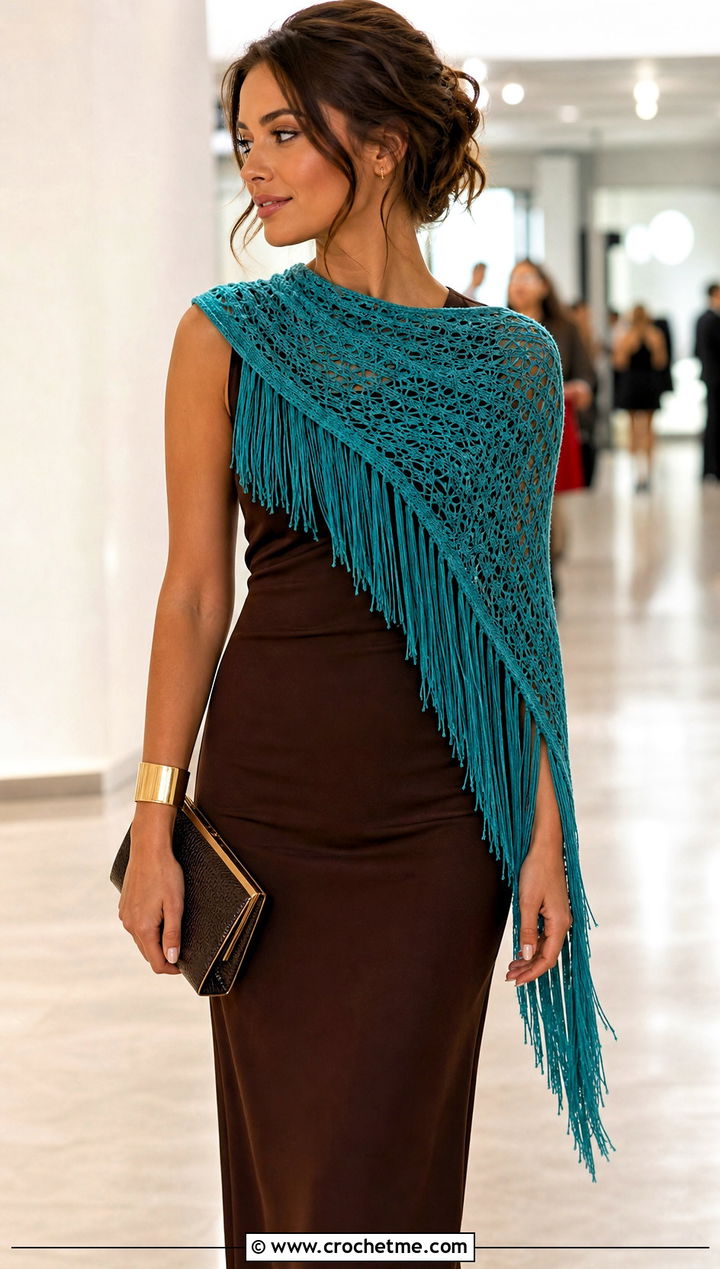 Fringed Crochet Scarf With Column Dress - 15 unusual crochet scarf outfit ideas