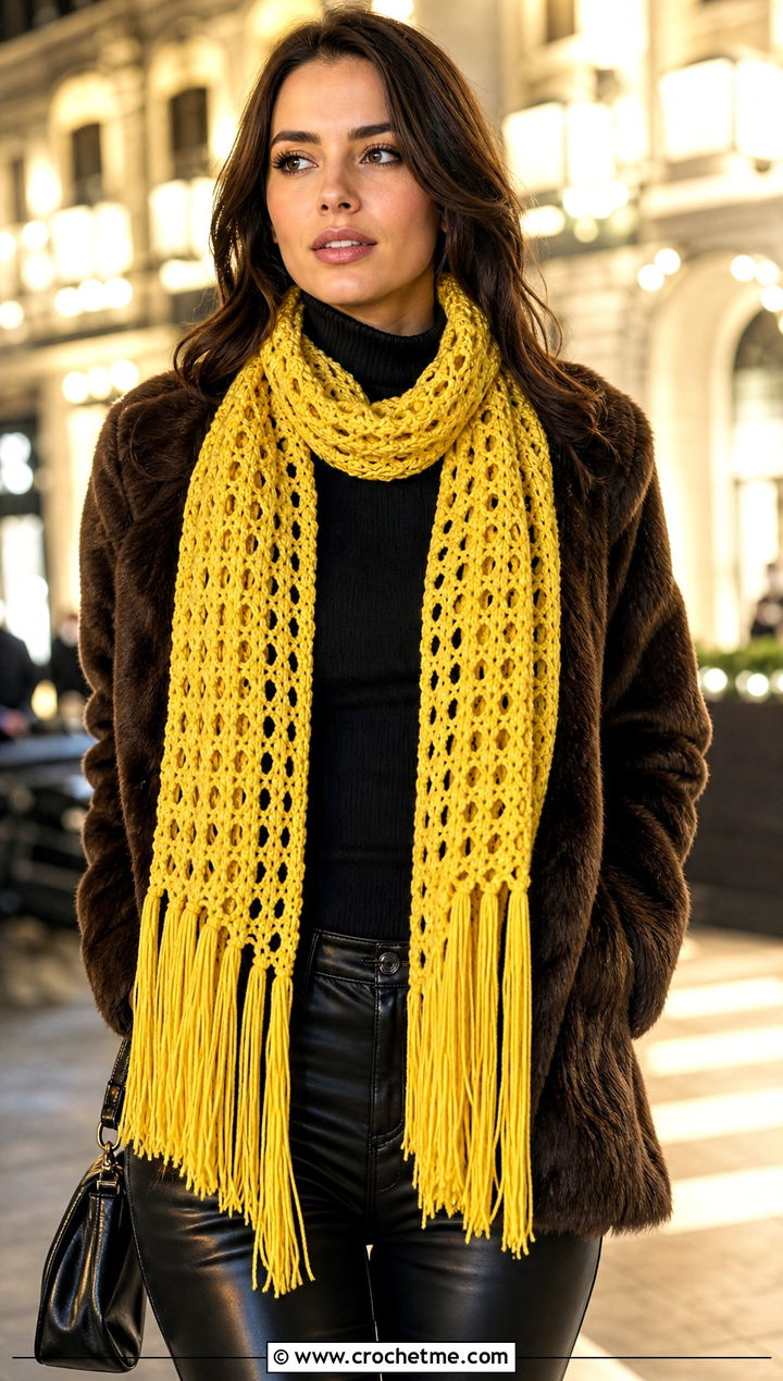 Fringed Crochet Scarf With Faux Fur Coat - 15 Winter Crochet Scarf Design outfit ideas